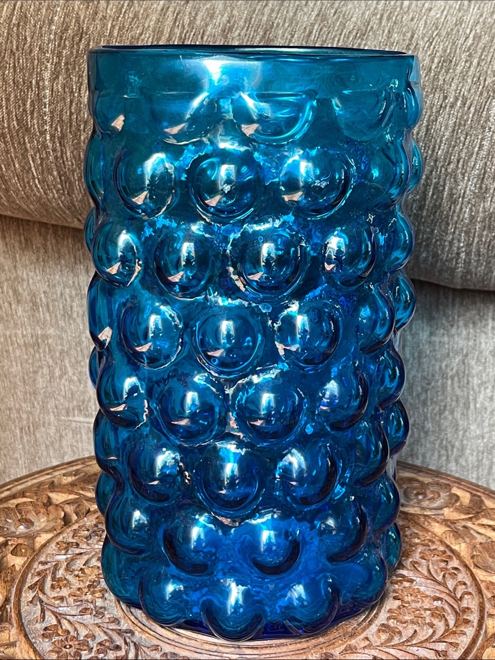 VTG Blenko Blue Bubble Art Glass Vase Tall Hand Blown Textured Vase MCM 1960s